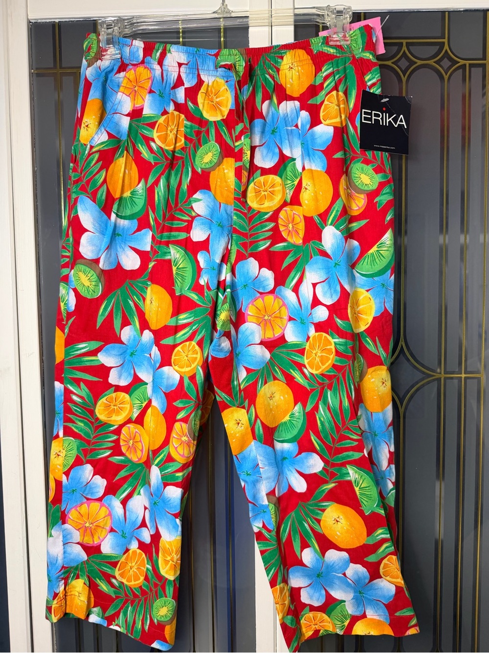 NWT Erika Large Tropical Fruit Floral Pull On Pants Colorful 90’s